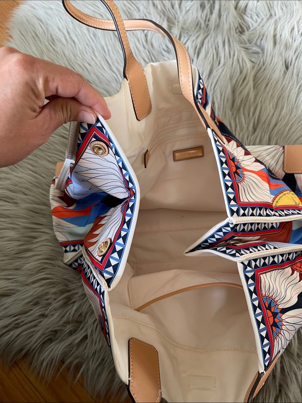Tory Burch Multicolor Compass Graphic Tote with Tan Leather Handles - Picture 8 of 13